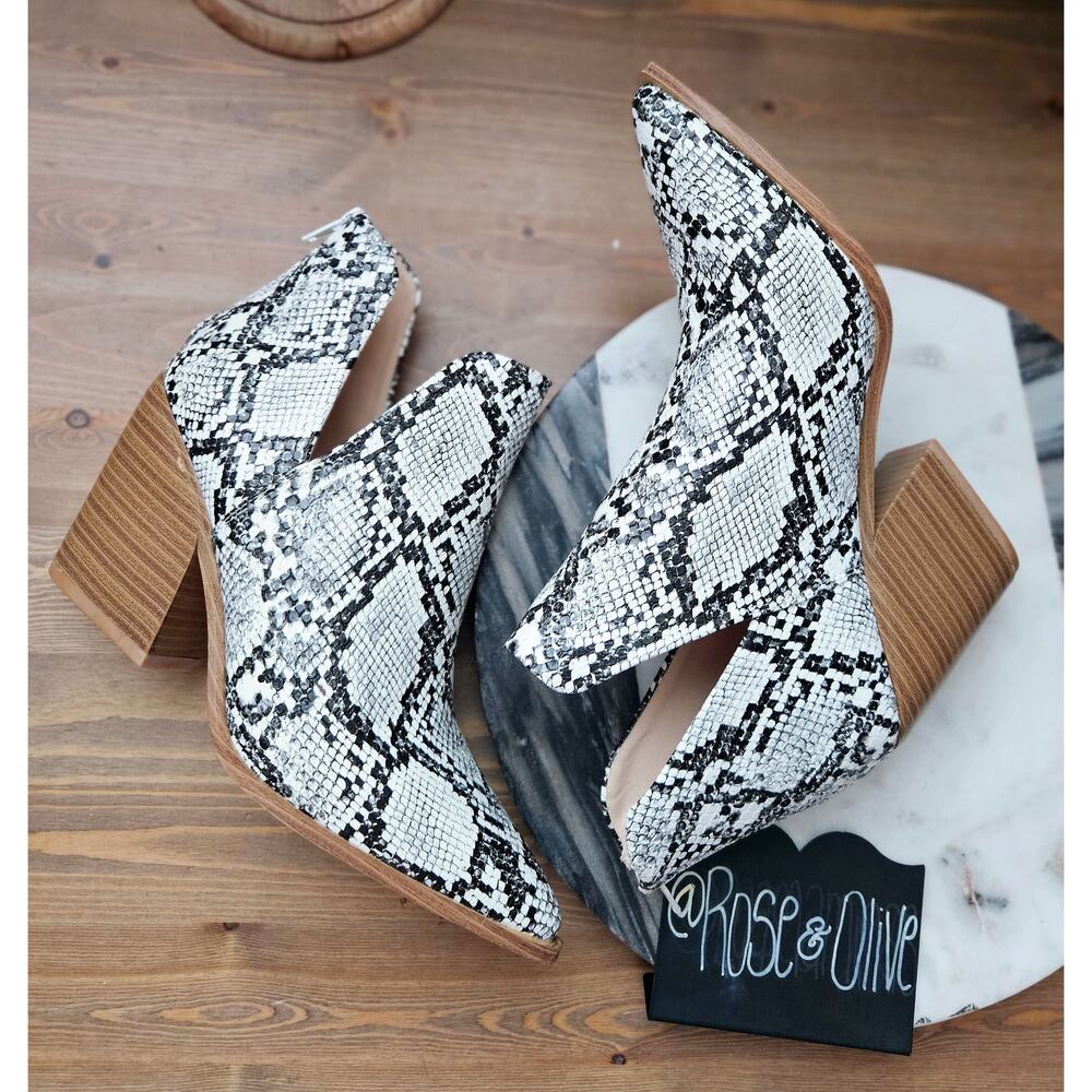 Vegan Snakeskin Pointed Toe Black Heel Ankle Booties